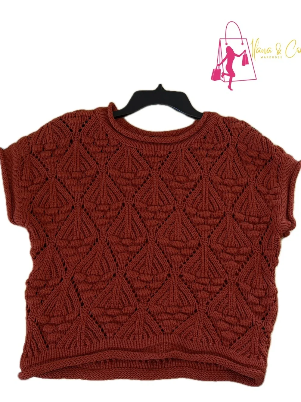 Rust Crochet Knit Short Sleeve Sweater Top